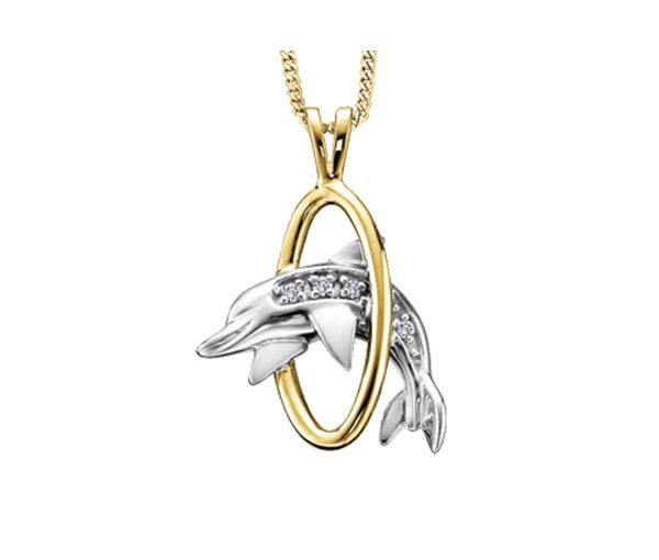 PENDENTIF DAUPHIN EN OR 10K 2 TONS SERTI DE DIAMANTS